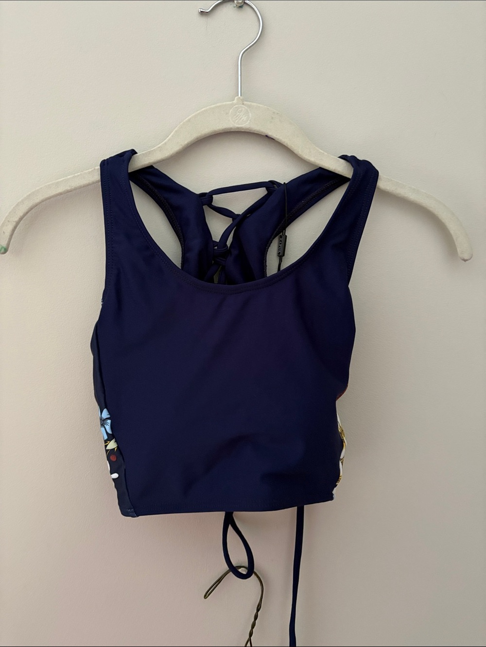 Zaful Navy Floral Lace-Up Crop Swim Top